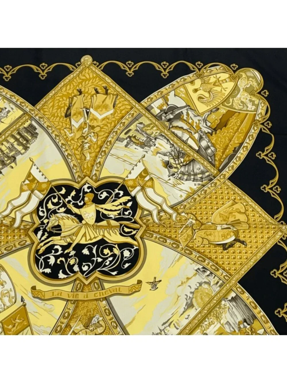 ★SOLD★ Hermes Scarf Carre 90 Scene with Horses la Vie a Cheval Gold Black - Picture 3 of 7